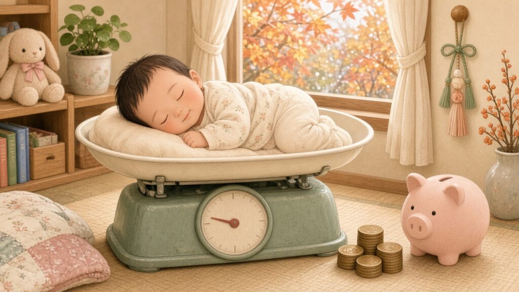 赤ちゃんの出生体重のグラム数を円でプレゼント! 仙台銀行が「出生体重お祝い金」を開始 体重計に寝そべる赤ちゃんと、そばに置かれた日本円の硬貨と貯金箱