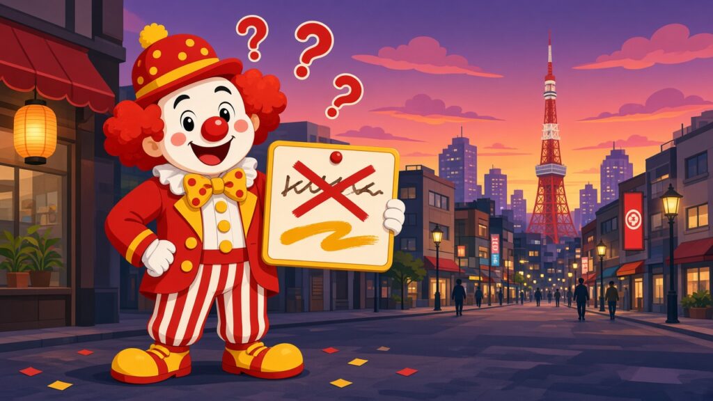 何十年も呼ばれてきた「ドナルド」が改名! 日本マクドナルドのキャラクターが正式に「ロナルド」に 東京の街頭で改名の札を持つピエロのキャラクター