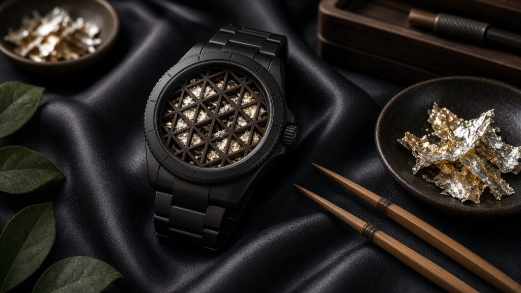 110万円のG-SHOCK! カシオが京都の箔アーティストと組んだ世界限定モデルを発売 文字盤に木組み格子柄とプラチナ箔をあしらった黒い腕時計