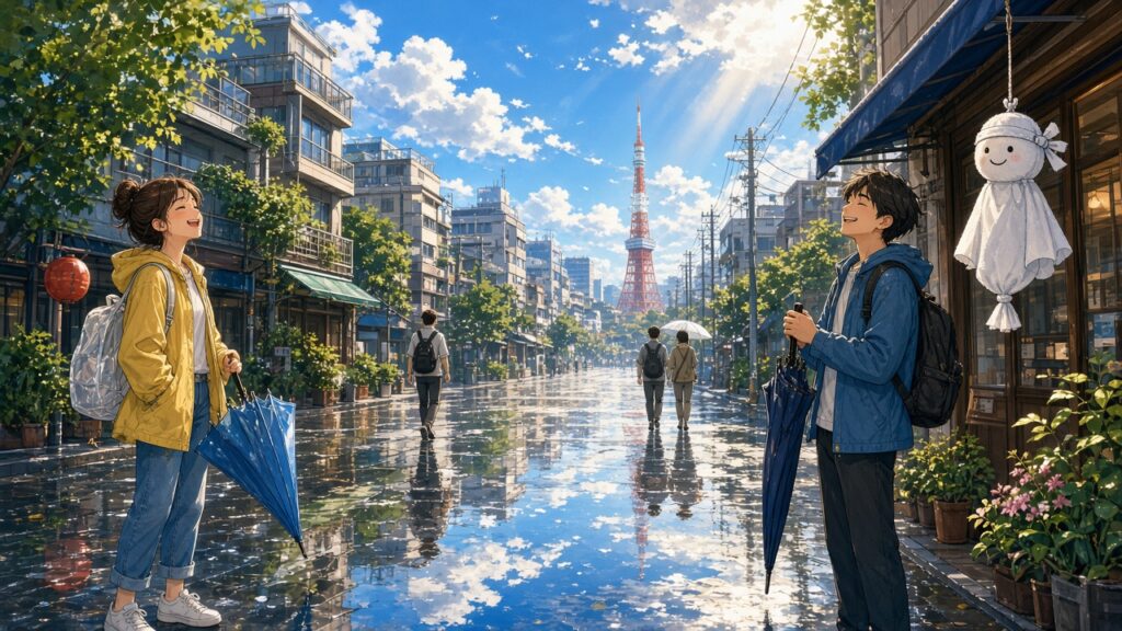 東京にようやく晴れ間! 37日連続の降雨記録にピリオド 雨上がりに晴れ間が広がる東京の街で、傘を閉じる歩行者