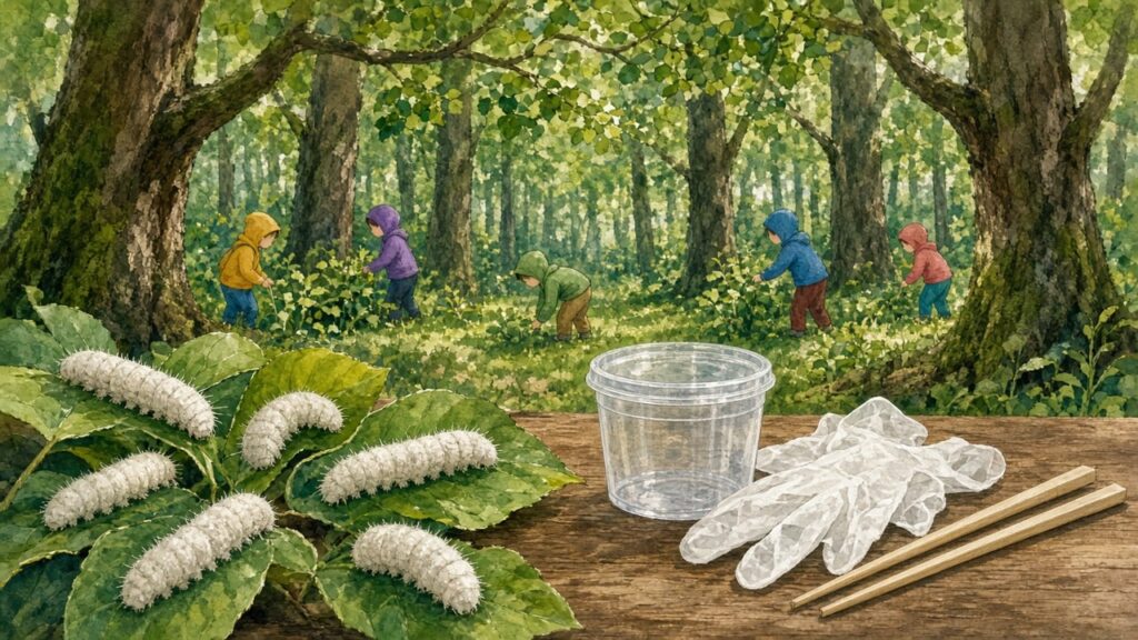 公園の木の葉にいる毛虫と、遠くで虫を探す来園者のイラスト