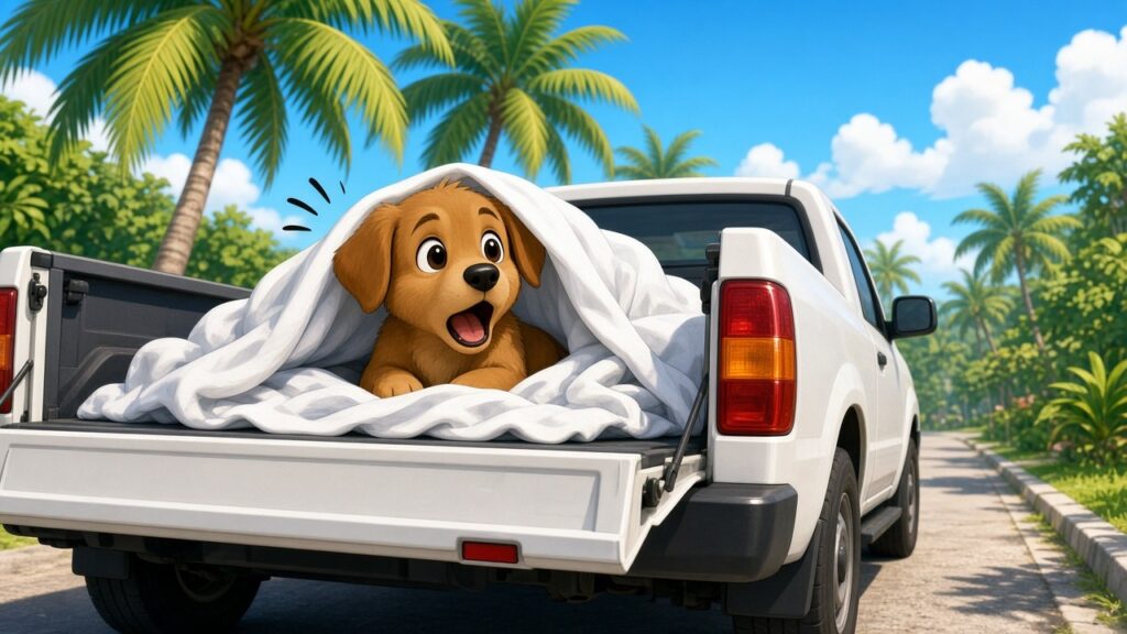 死んだと思ったら「復活」! タイの救助隊が犬の亡骸を運搬中、荷台で突然むくっと起き上がる 白い布から顔を出した子犬がトラックの荷台で起き上がる漫画風イラスト