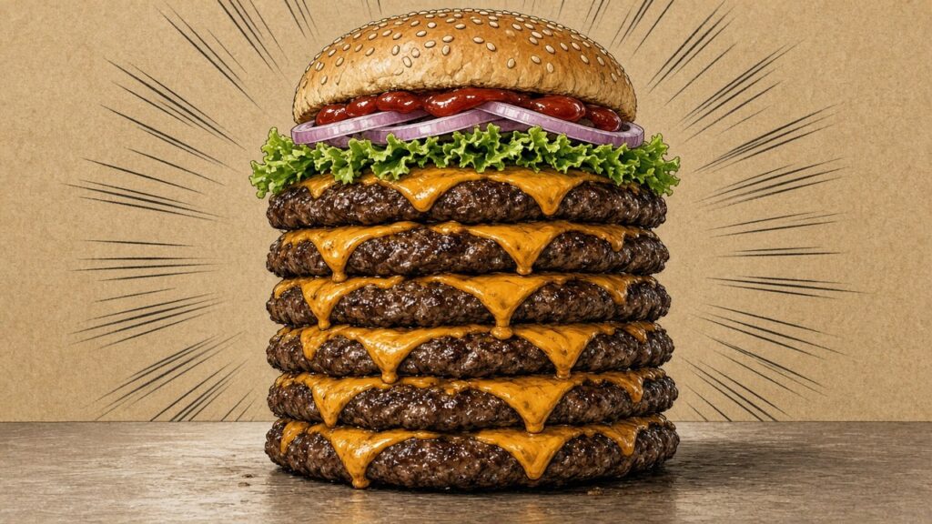 パティ7枚で2,614キロカロリー! ウェンディーズ日本が超巨大バーガー「MEGA Wendy’s」を発売 ビーフパティとチーズを何層も重ねた巨大ハンバーガーのイラスト