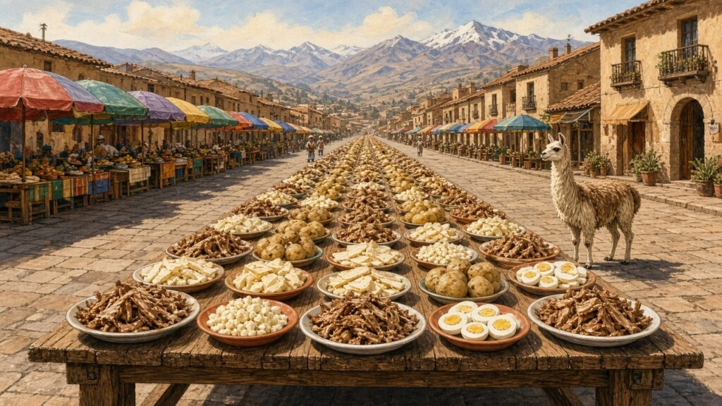 アンデス高原の街の通りに伝統料理がずらりと並ぶ、超ロングテーブルのイラスト
