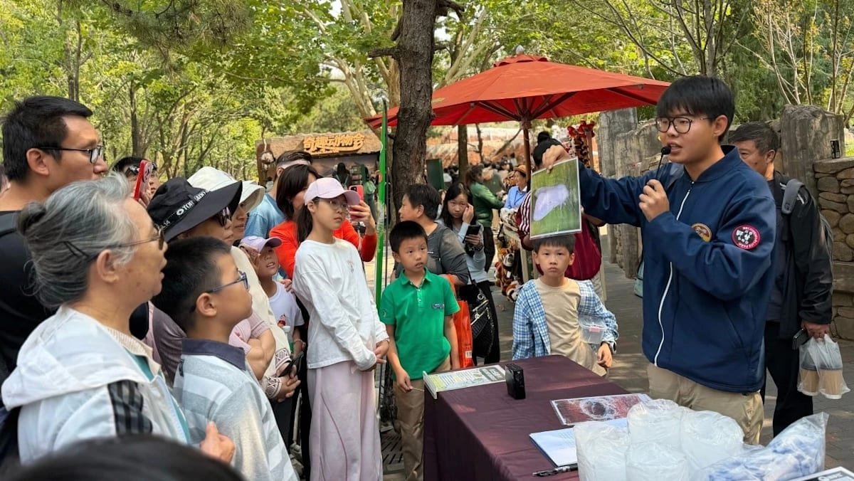 アメリカシロヒトリの幼虫の見分け方を来園者に説明する北京野生動物園のスタッフ