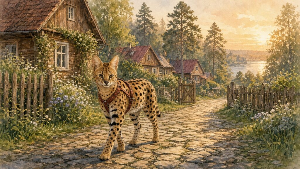 大きな耳のサーバルが夕暮れの町の通りをのんびり歩いて家に帰るイラスト