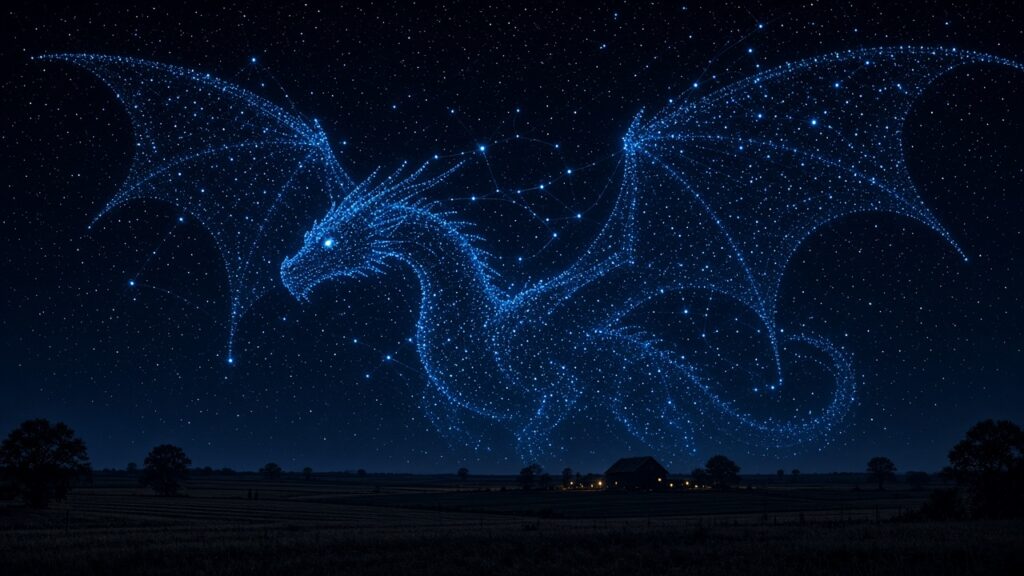 1万機超のドローンが夜空に巨大なドラゴンを描いた! 米テキサスで1週間に7万機を飛ばし、ギネス記録を2つ更新 無数の光の点が夜空に巨大なドラゴンを描くイラスト
