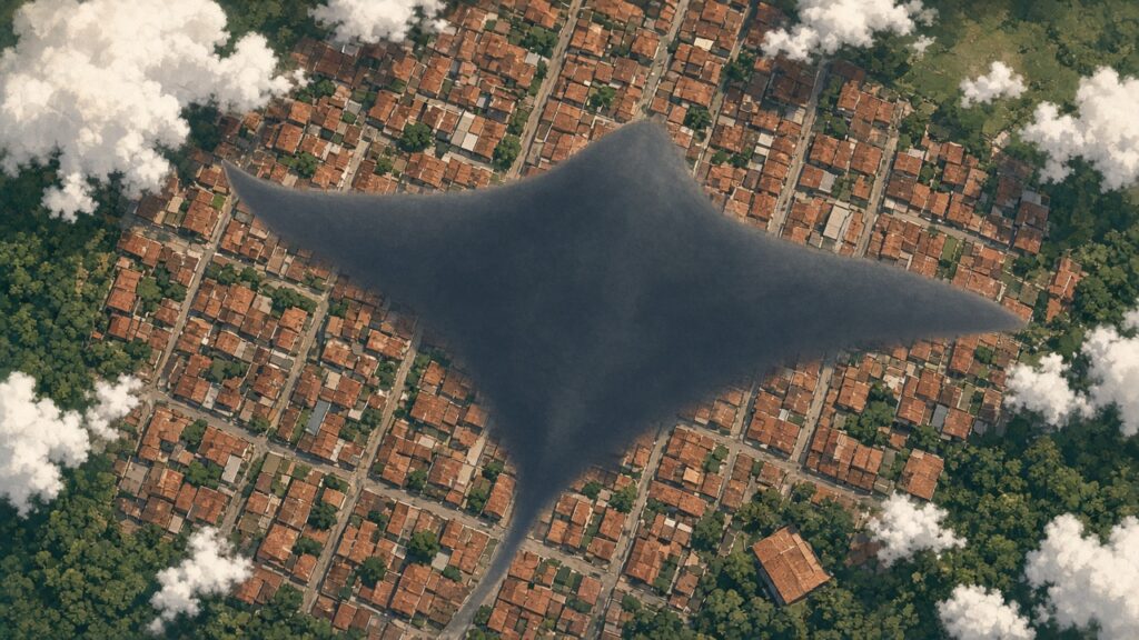 米軍の爆撃機がブラジル上空に? Googleマップに500メートルの「飛行機の影」、専門家「安心して寝てください」 衛星から見た住宅街の屋根に、巨大な飛行機形の影が現れたイラスト