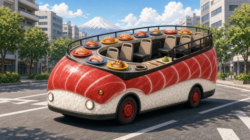 2階建てバスで寿司が回る! 東京「SUSHI BUS」が10月10日に出発、東京タワーを眺めながら70分食べ放題 車体が巨大なマグロの寿司のような2階建てバスで、2階のベルトコンベアを寿司が回るイラスト