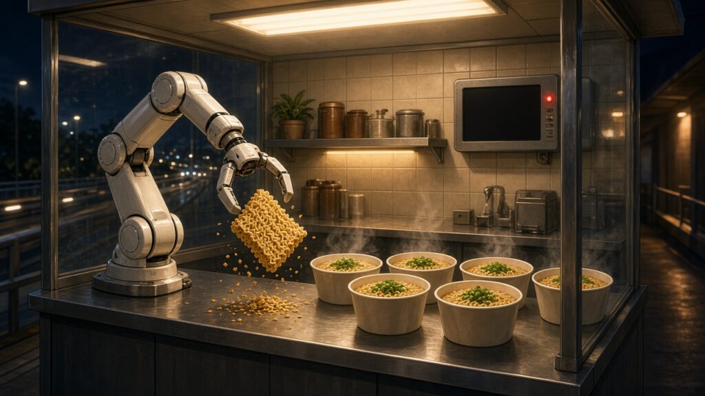 サービスエリアの屋台でロボットアームがラーメンを作り、麺をうっかり落としてしまうイラスト