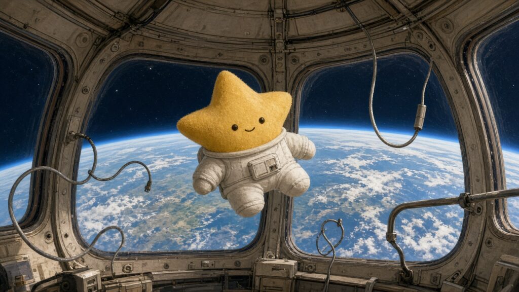 宇宙服を着た黄色い星形のぬいぐるみが、宇宙ステーションの展望窓の前に浮かび、窓の外に青い地球が見えるイラスト