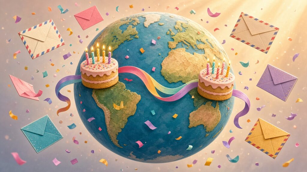 地球の両端にそれぞれろうそくを立てた誕生日ケーキがあり、手紙とリボンでつながっているイラスト