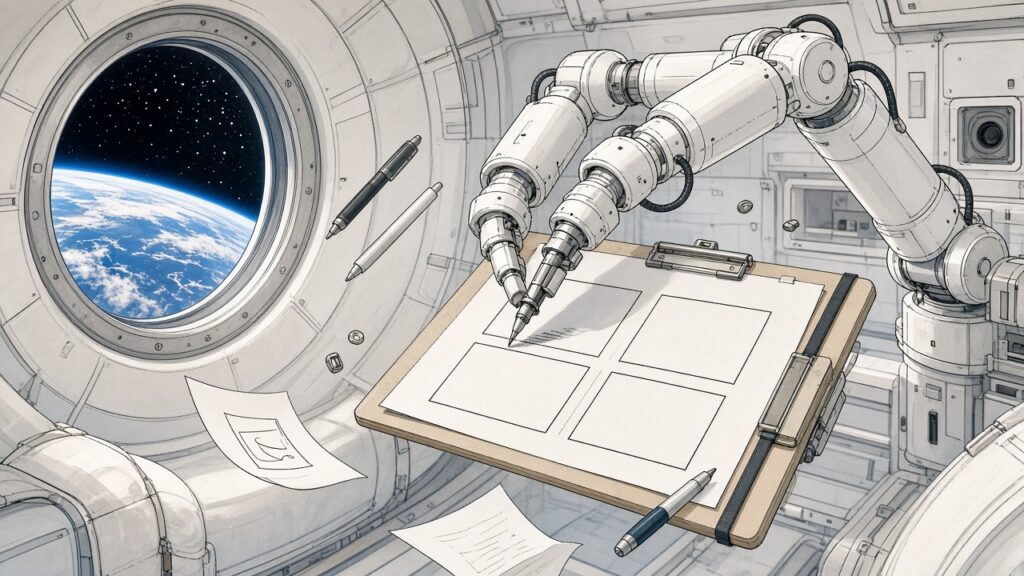 宇宙ステーションのロボットアームがペンを握り、宙に浮かぶ紙にマンガのコマ割りを描くイラスト