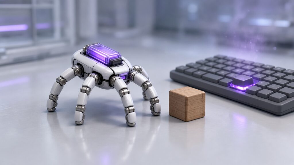『アダムス・ファミリー』のハンドが現実に? スイスETH、指先で歩くロボットハンドを開発 タイピングも「倉庫番」もこなす 銀白色のロボットハンドが5本の指先で立ち、クモのように床をはうイラスト