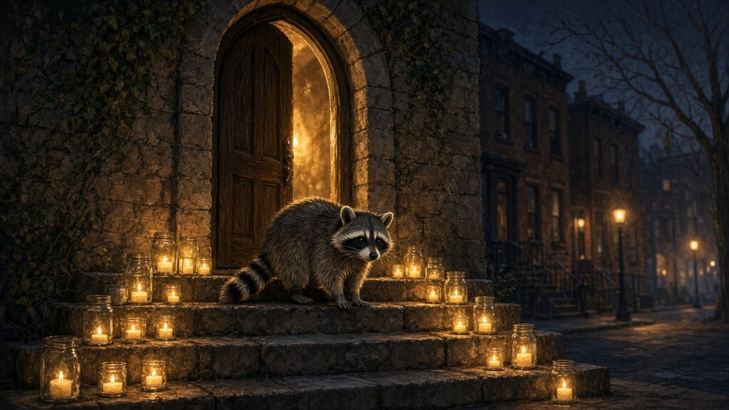 アライグマもお祈りに? NYの教会のキャンドル礼拝にアライグマが乱入、神父「ちょうど聖フランシスコの祝日の1週間前」 ろうそくが灯る教会の木の扉の前の階段に立ち、興味深そうに中をのぞくアライグマのイラスト