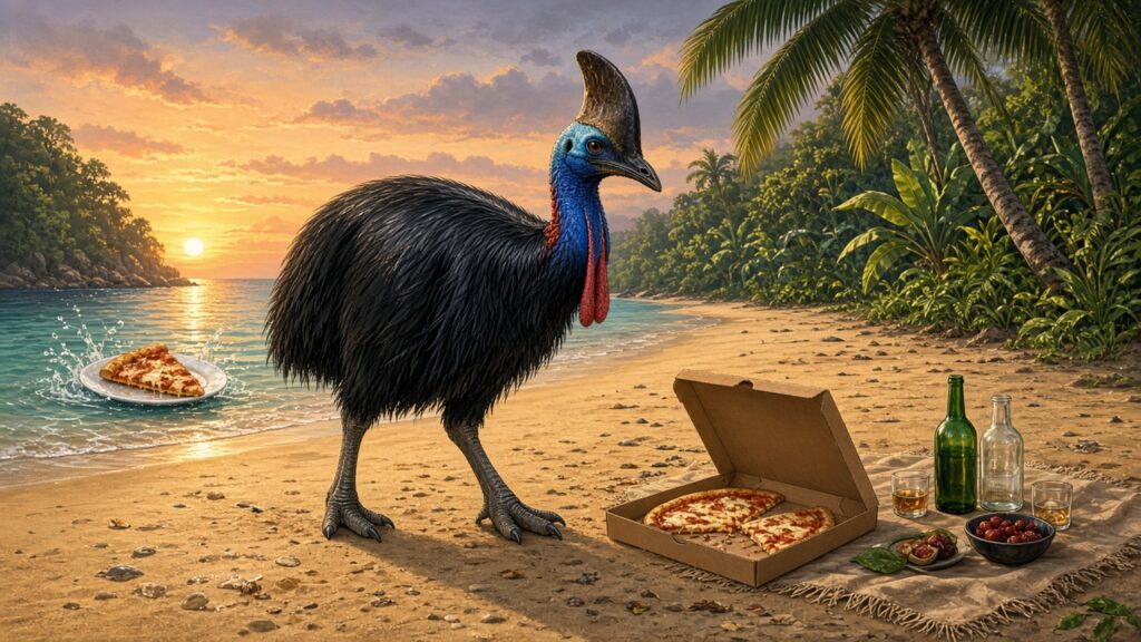 青い首のヒクイドリが浜辺のピザの箱に向かって歩き、海面に夕日が映るイラスト
