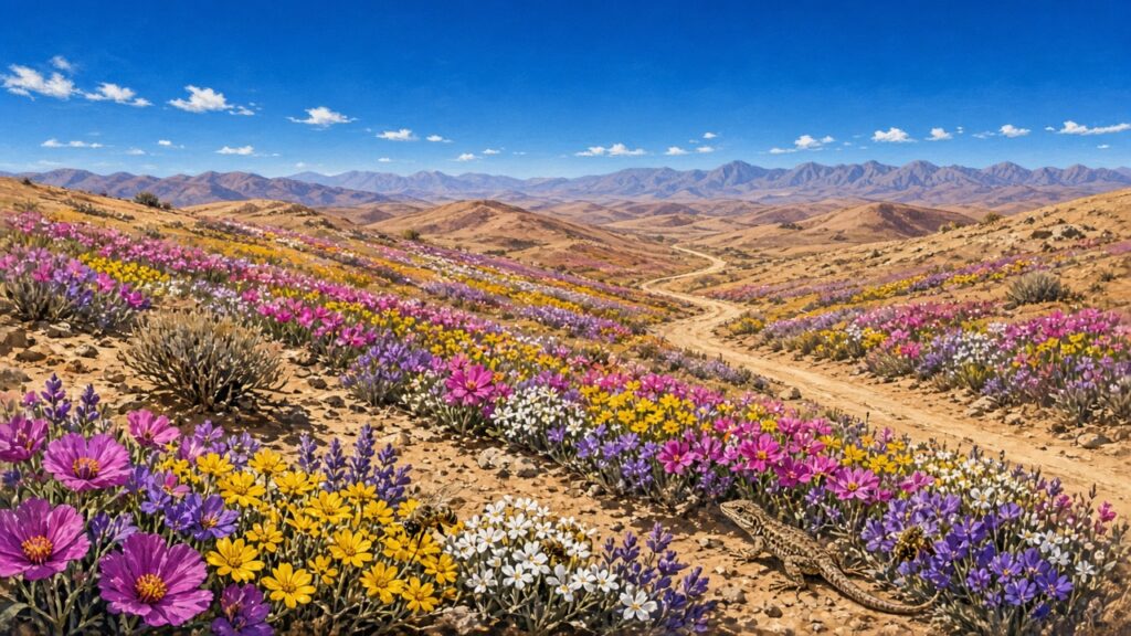 世界一乾燥した砂漠が一面の花畑に! チリ・アタカマの「砂漠の開花」は過去30年で最大級か、衛星からも確認 乾いた砂漠の丘一面に紫、ピンク、黄色の野花が咲き、遠くにアンデス山脈が見えるイラスト