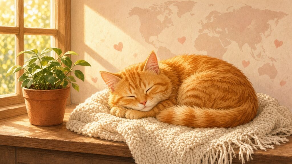 日差しがたっぷり注ぐ窓辺で丸くなって眠る茶トラ猫のイラスト