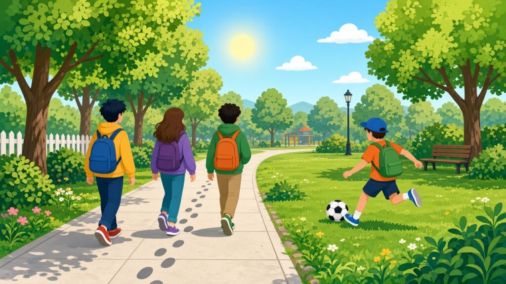 かばんを背負った漫画風の10代の若者たちが、緑の並木道を登校するイラスト